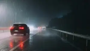 Rainy Highway With Car Lights Fading
