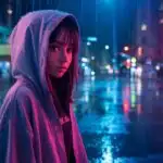 Rainy Street Hoodie Girl Neon Reflection