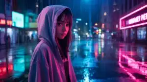 Rainy Street Hoodie Girl Neon Reflection