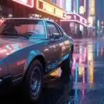 Retro Car parked in Rainy Street Under Neon Signs