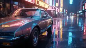 Retro Car parked in Rainy Street Under Neon Signs