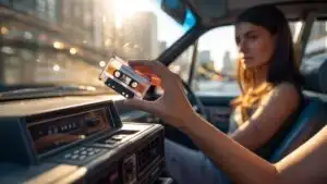 Retro Cassette Player on Car Dashboard