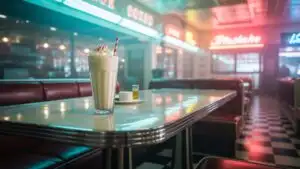 Retro Diner Table With Milkshake and Neon Lights