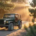 Retro Jeep Parked on Dirt Road at Sunset