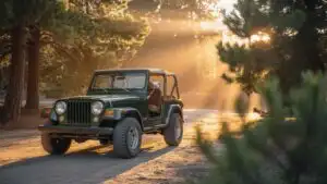 Retro Jeep Parked on Dirt Road at Sunset