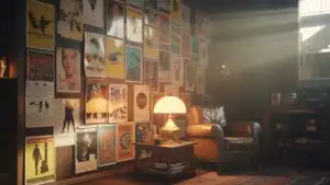 Retro Posters on Wall With Soft Lamp Glow