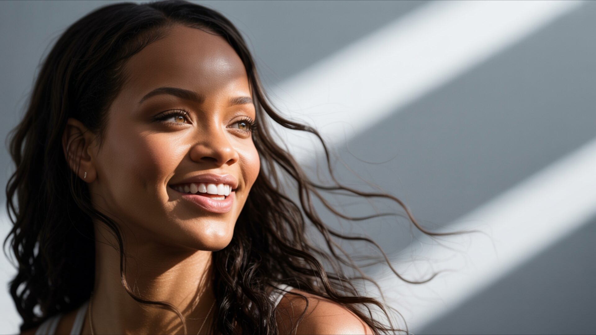 rihanna enjoying breeze wallpaper, ai celebrities, breeze, digital art, portrait, rihanna mood, smile, desktop, mobile, background