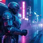 RoboCop Patrolling Cyberpunk Detroit Streets