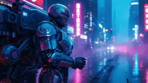 RoboCop Patrolling Cyberpunk Detroit Streets