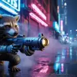 Rocket Raccoon Aiming Blaster in Neon Alley