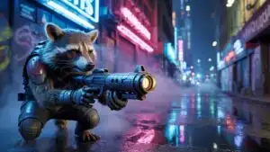 Rocket Raccoon Aiming Blaster in Neon Alley