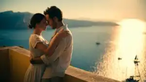 Romantic Moment on a Balcony Overlooking the Sea