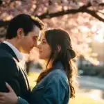 Romantic Moment Under Blossom Trees