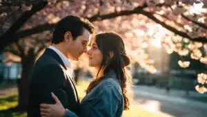 Romantic Moment Under Blossom Trees