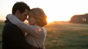 Romantic Pose in Foggy Morning Field