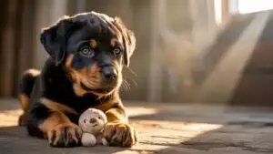 Rottweiler Puppy Guarding Toy