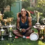 Serena Williams Laughing in a Garden With Trophies