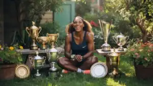 Serena Williams Laughing in a Garden With Trophies