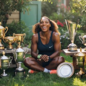 Serena Williams Laughing in a Garden With Trophies