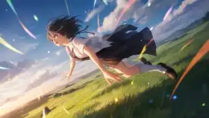 Serene Girl Drifting Through the Cloudy Sky