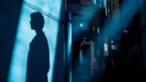 Shadow on Wall Under Neon Blue Light
