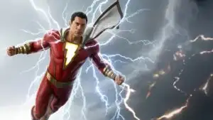 Shazam Floating in Electric Sci-Fi Storm