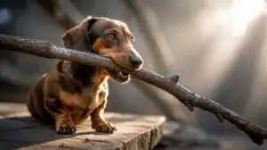 Silly Dachshund with a Big Stick