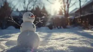 Snowman in Backyard Under Bright Winter Sun