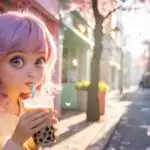Soft Pastel Girl Drinking Bubble Tea