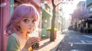 Soft Pastel Girl Drinking Bubble Tea