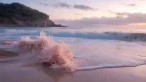 Soft Pink Waves Splashing on Quiet Beach