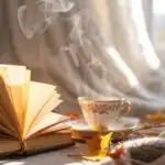 Soft Tea Steam Drifting Beside Open Journal