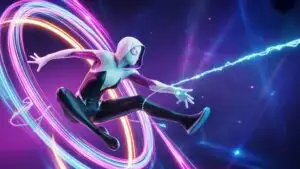 Spider-Gwen Jumping Through Multiversal Neon Rift