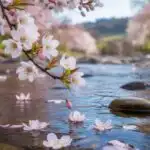 Spring Blossoms Falling on Quiet Riverside Path