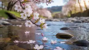 Spring Blossoms Falling on Quiet Riverside Path