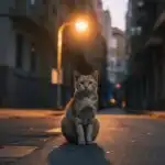 Street Cat Under Dim Lamp at Night