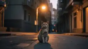 Street Cat Under Dim Lamp at Night