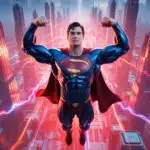 Superman Hovering Above Red Futuristic City