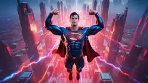 Superman Hovering Above Red Futuristic City