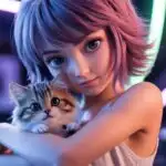 Sweet Anime Girl With Cat Under Neon Lights