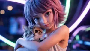 Sweet Anime Girl With Cat Under Neon Lights