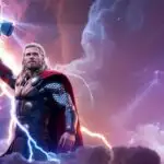 Thor Lifting Stormbreaker Under Cosmic Clouds
