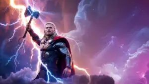 Thor Lifting Stormbreaker Under Cosmic Clouds