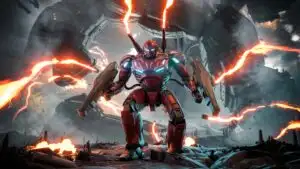 Titan Mech Striding Through Plasma Storm
