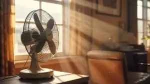 Vintage Fan Spinning Slowly Near Window Light