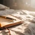 Vintage Notebook and Pen on Cozy Bed Sheets