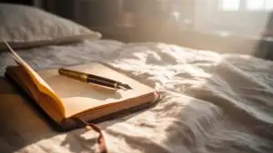 Vintage Notebook and Pen on Cozy Bed Sheets