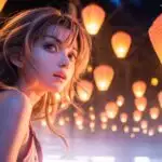 Windy Night Anime Girl With Paper Lanterns