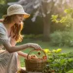 Woman Eating Strawberries in a Sunny Garden