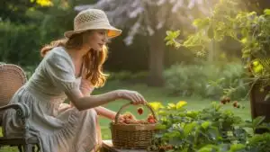 Woman Eating Strawberries in a Sunny Garden